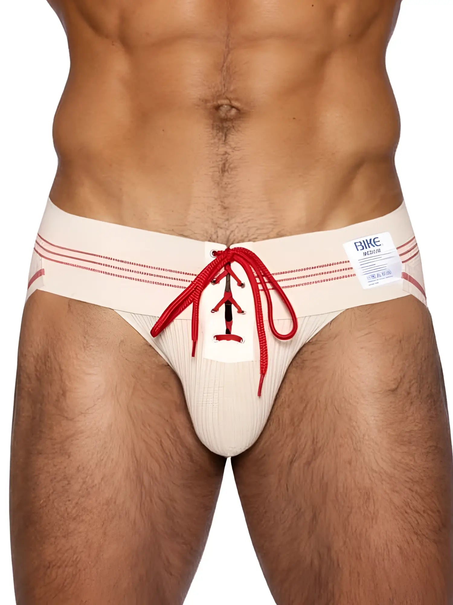 Cream-colored ribbed men’s briefs with red lace-up detailing and matching stripes on the waistband by BIKE Athletic