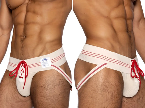 White vintage cream bike athletic briefs with red stripes drawstrings and lace-up jockstrap waistband label