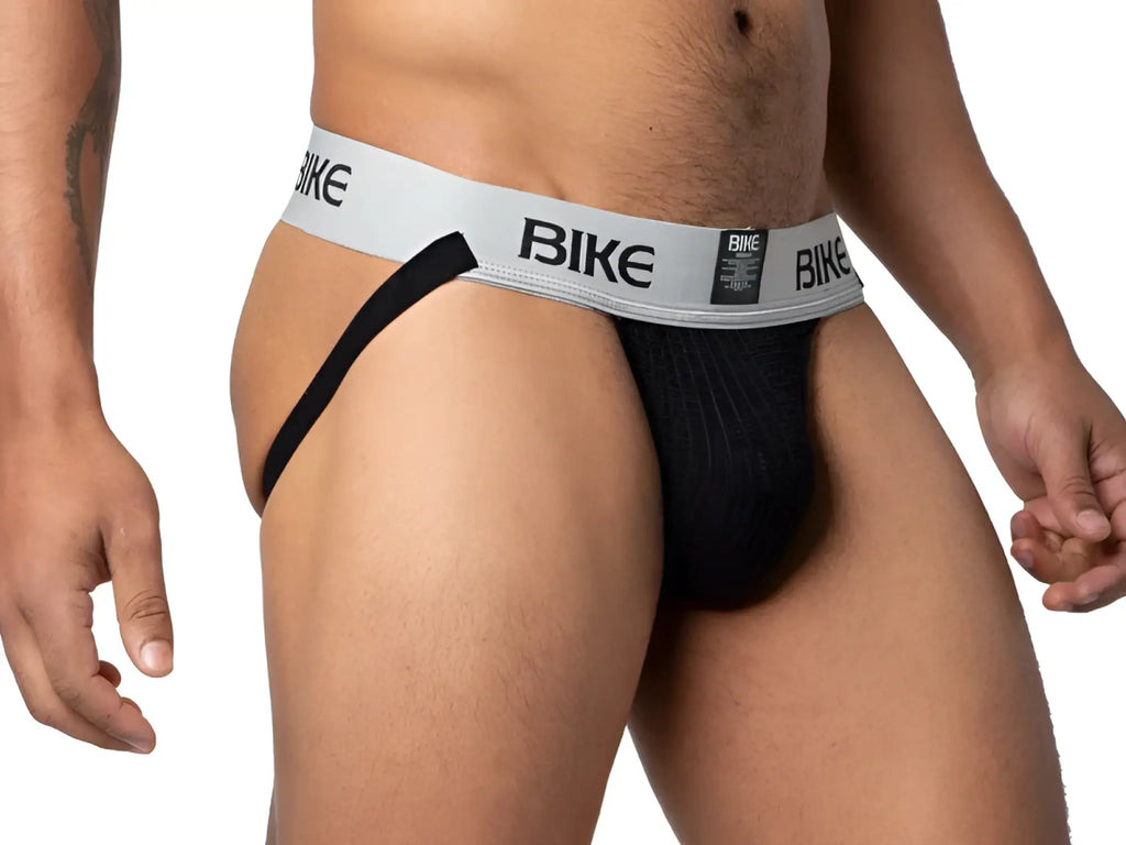 Black bike classic jockstrap with gray waistband featuring bold black lettering for athletic support