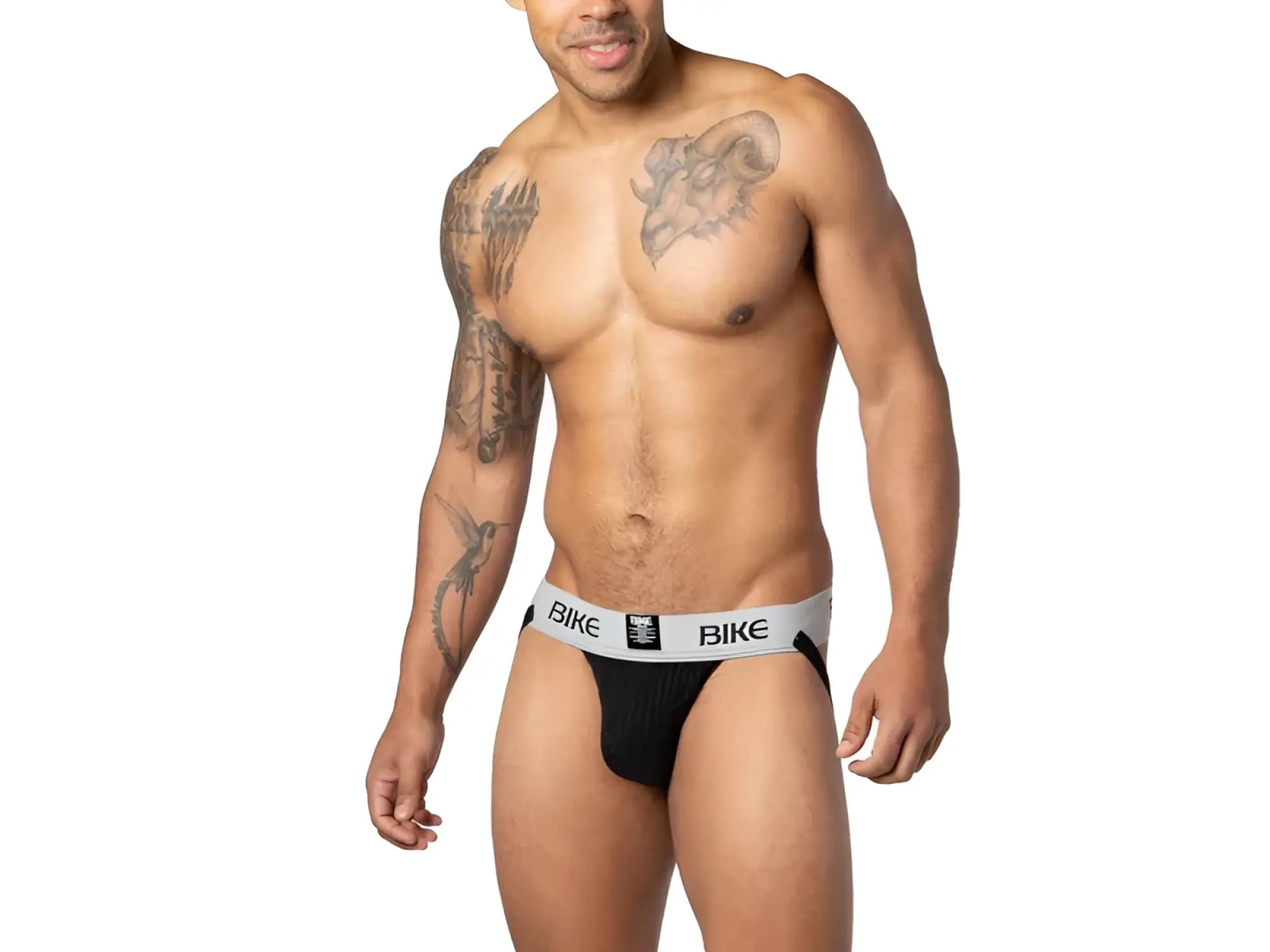 Black bike classic jockstrap briefs with gray waistband featuring the bike logo in black text