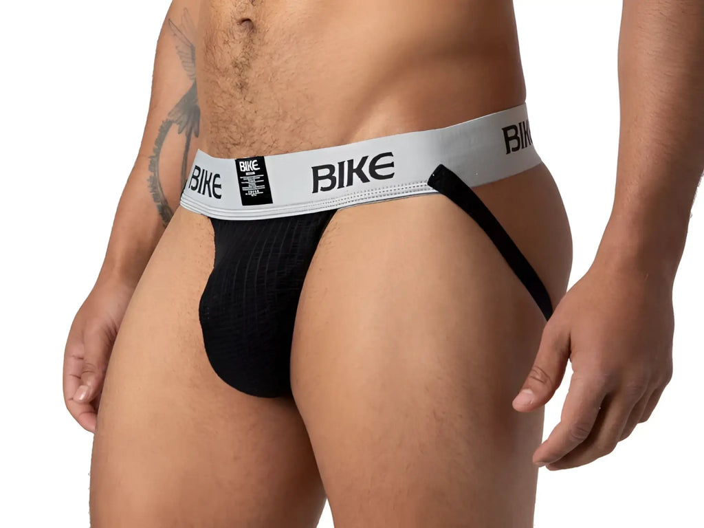 Black bike brand briefs with gray waistband and bold black lettering designed as classic jockstrap underwear