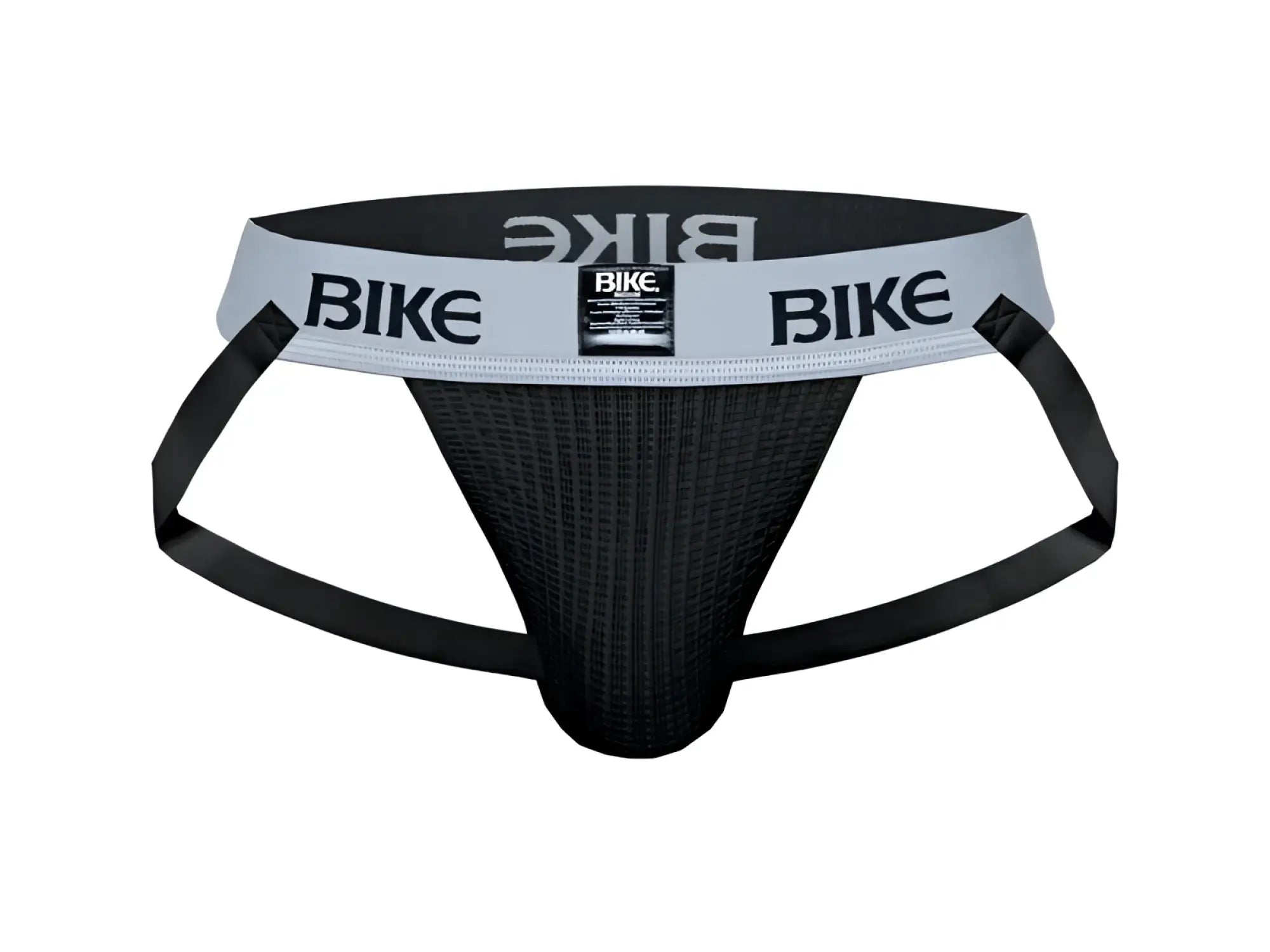 Black bike brand cycling briefs with gray waistband and bike logo in black designed for classic jockstrap use