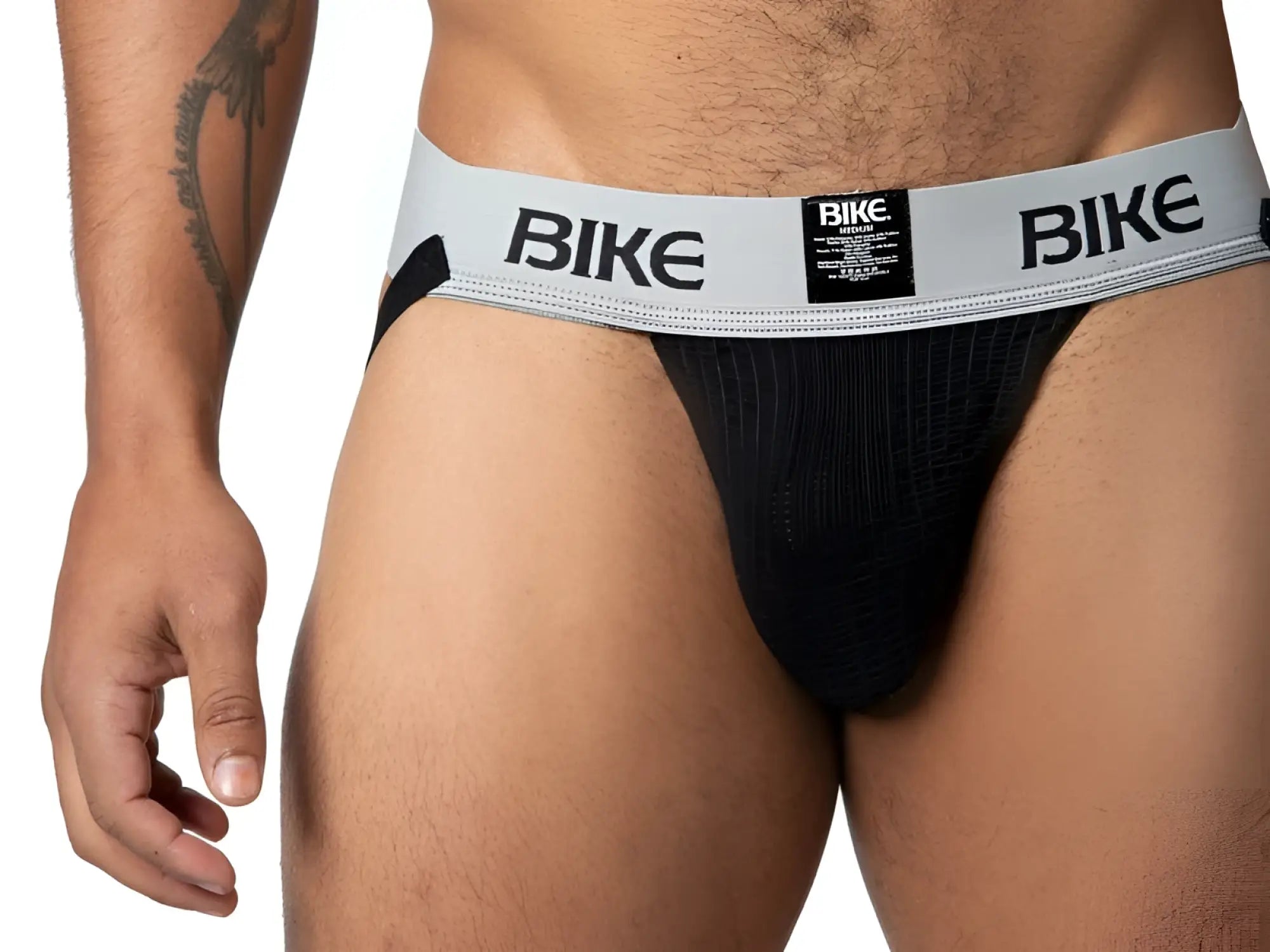 Black bike classic jockstrap briefs with a gray waistband, bold black lettering, and a small rectangular label visible