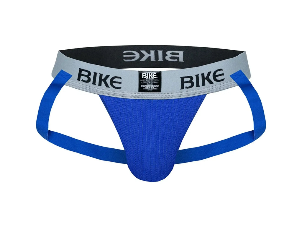 Blue bike brand athletic briefs with gray and black waistband featuring bold bike logo in classic jockstrap style