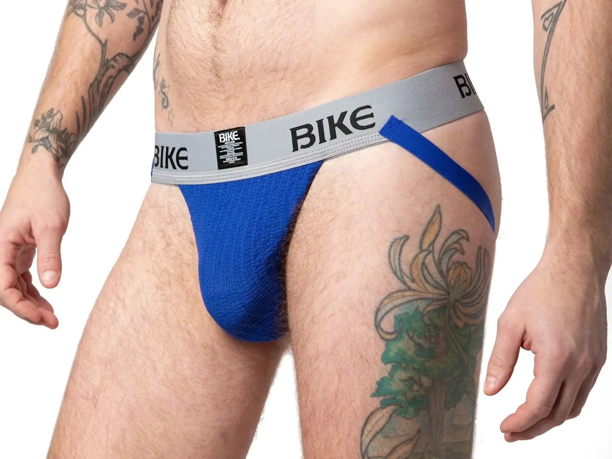 Blue Bike classic jockstrap with gray waistband featuring black lettering for athletic support and comfort