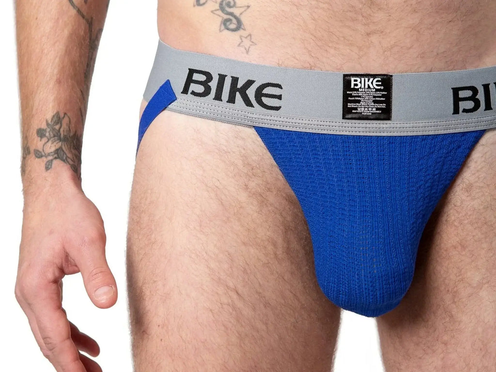 Blue BIKE classic jockstrap briefs with a gray waistband black lettering and a small label in front view