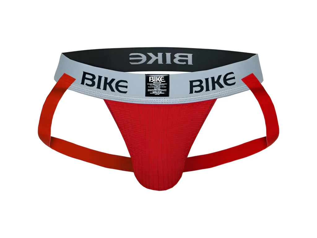 Red bike classic jockstrap with gray and black waistband featuring bold bike logo for athletic support