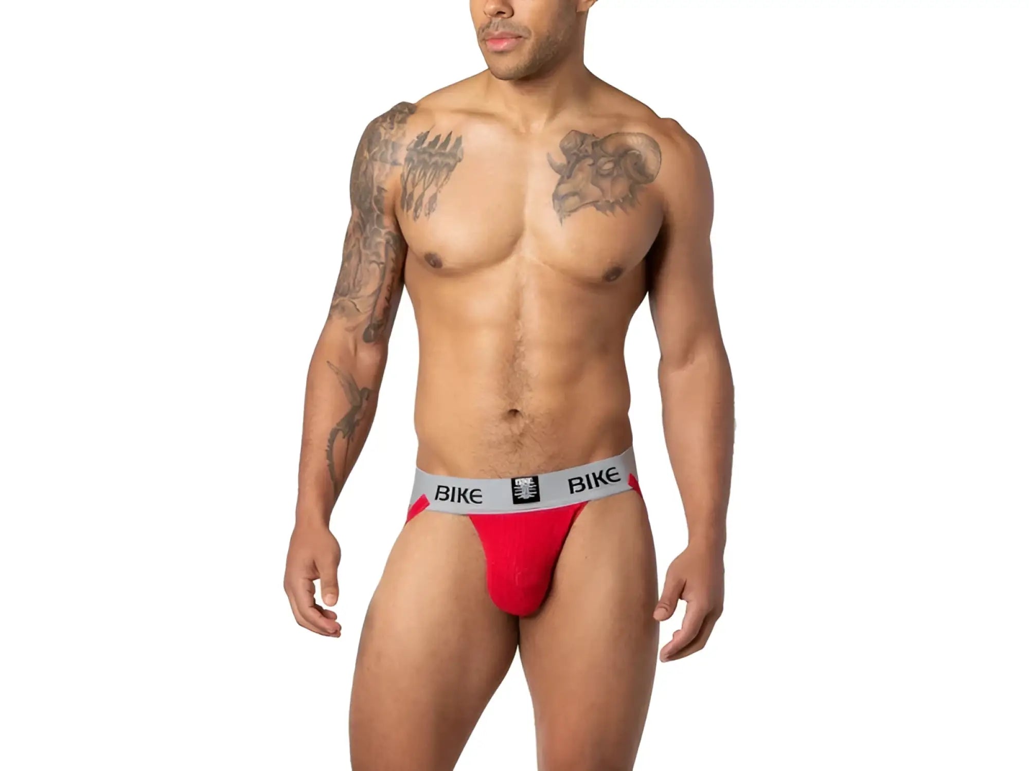 Red bike classic jockstrap with gray waistband featuring bike logo and black text for athletic support