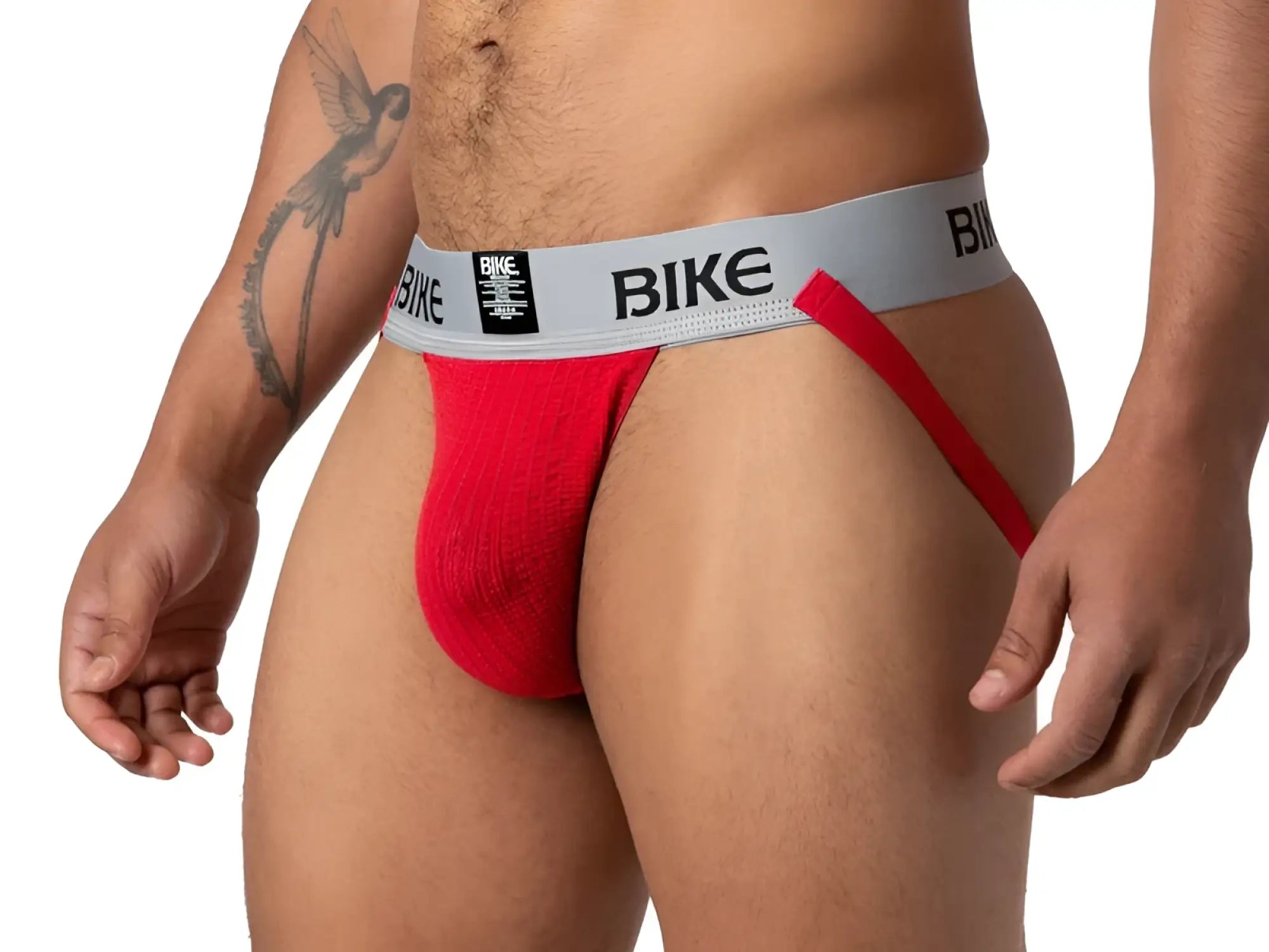 Red bike classic jockstrap with gray waistband and black logo designed for athletic support and comfort