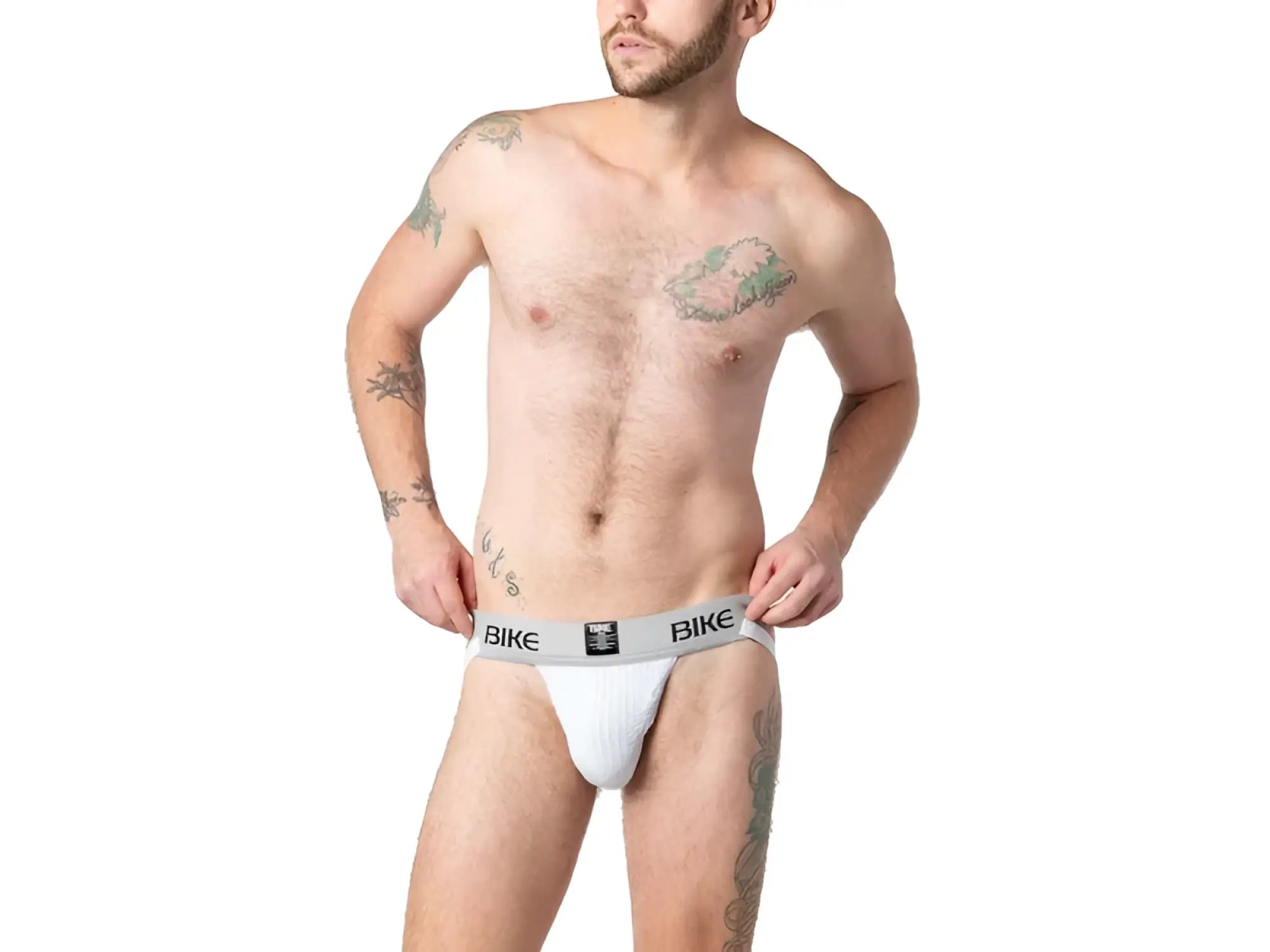White bike classic jockstrap with gray waistband featuring bike logo in black text for athletic use