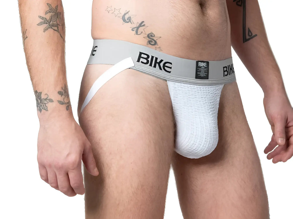 White mesh athletic brief jockstrap with gray waistband featuring bike branding from BIKE classic collection