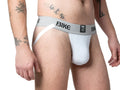 White mesh athletic brief jockstrap with gray waistband featuring bike branding from BIKE classic collection