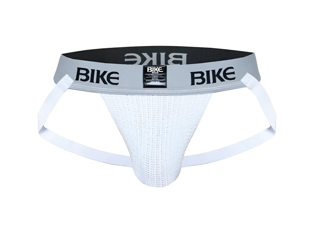 White mesh bike brief with gray waistband and black bike branding from BIKE classic jockstrap collection