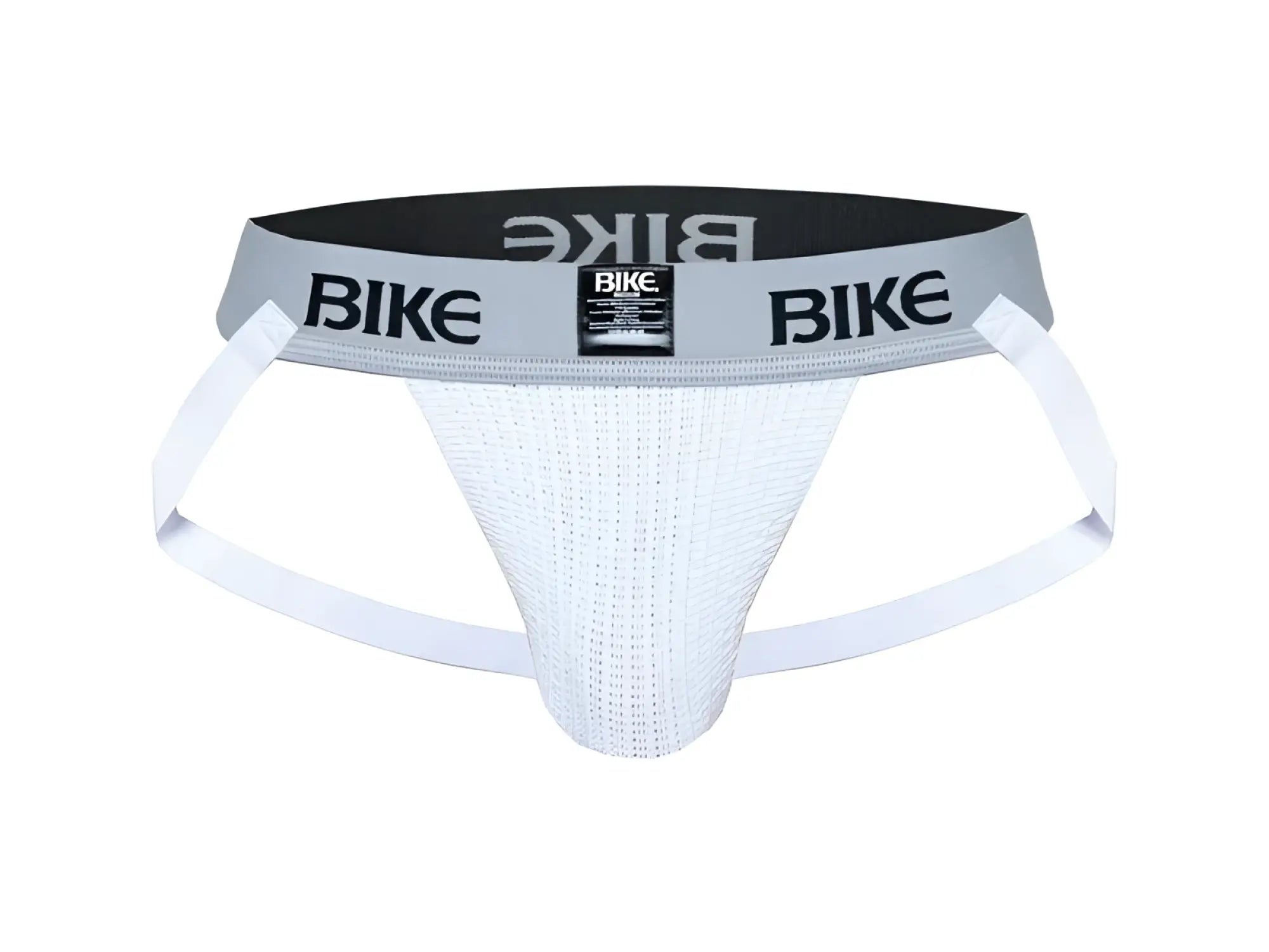 White mesh bike brief with gray waistband and black bike branding from BIKE classic jockstrap collection