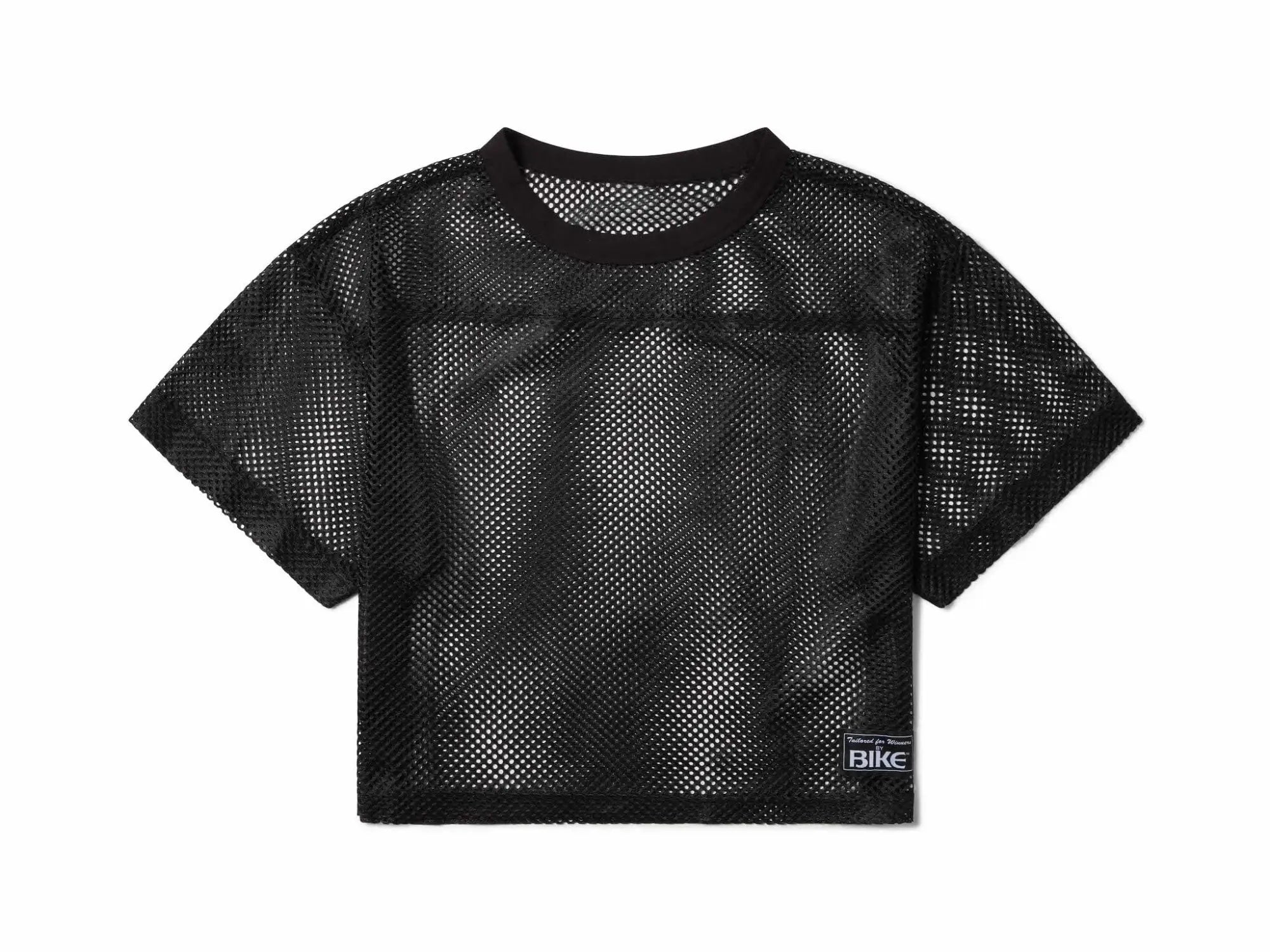 Black mesh crop top bike practice jersey with round neckline short sleeves and small rectangular label on lower right side
