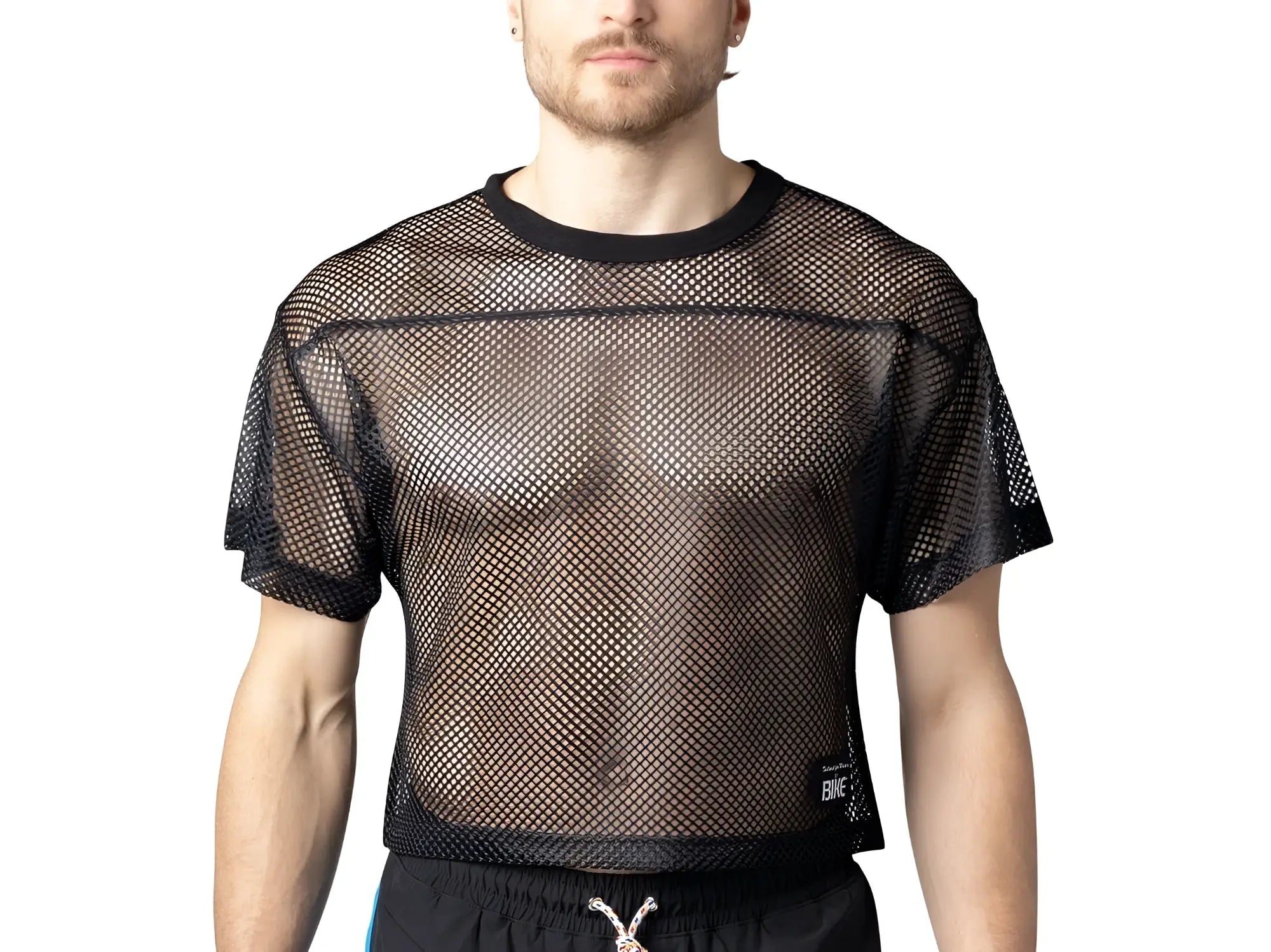 Black mesh crop top with short sleeves and round neckline from the BIKE practice jersey collection