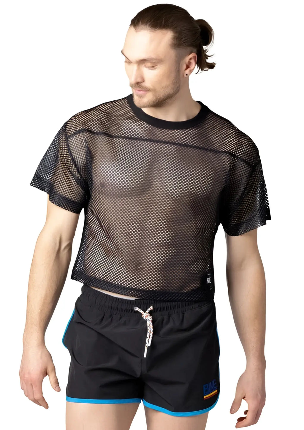 Black mesh crop top bike practice jersey with short sleeves and round neckline for active wear