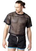 Black mesh crop top bike practice jersey with short sleeves and round neckline for active wear