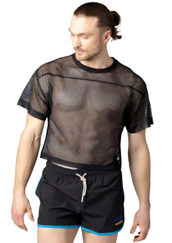 Black mesh crop top bike practice jersey with short sleeves and round neckline for active wear
