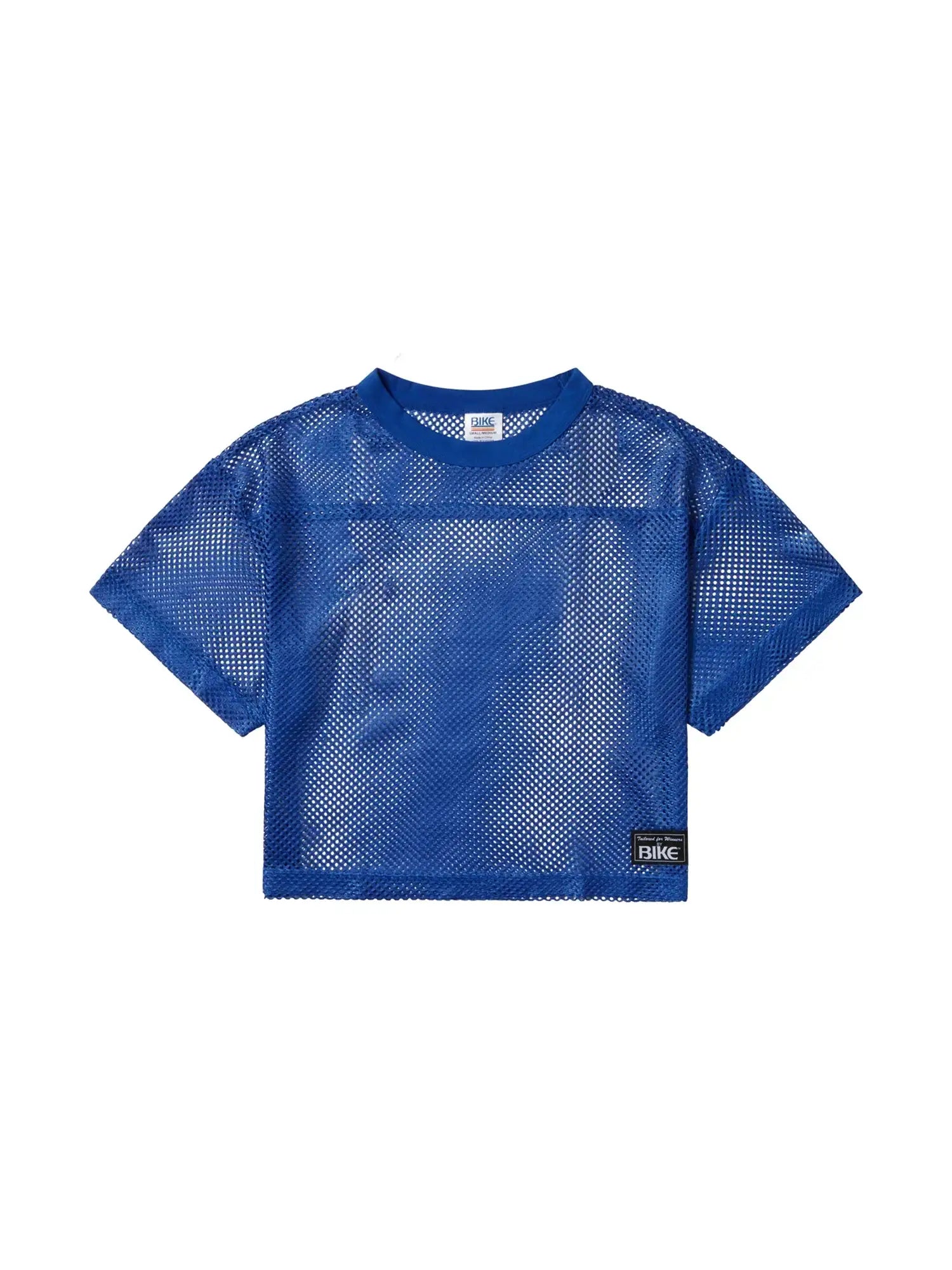 Blue mesh crop top with short sleeves and crew neck featuring black Bike brand labels on collar and hem