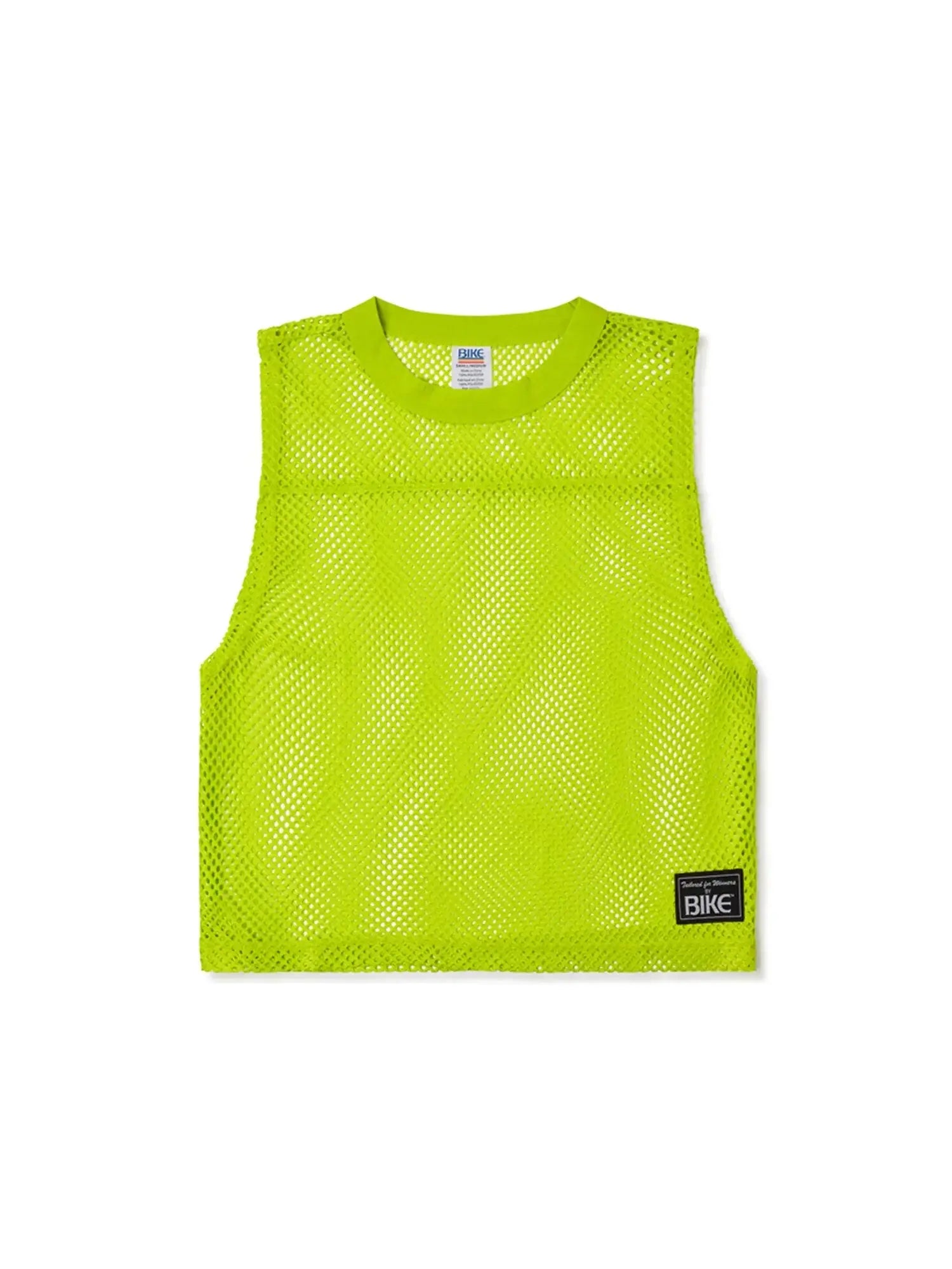 Bright neon green mesh tank top with a black bike patch on the lower right side from Bike sleeveless practice jersey