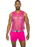 Bright pink Bike® sleeveless practice jersey made of mesh with a rounded neckline and black brand tag on lower right side