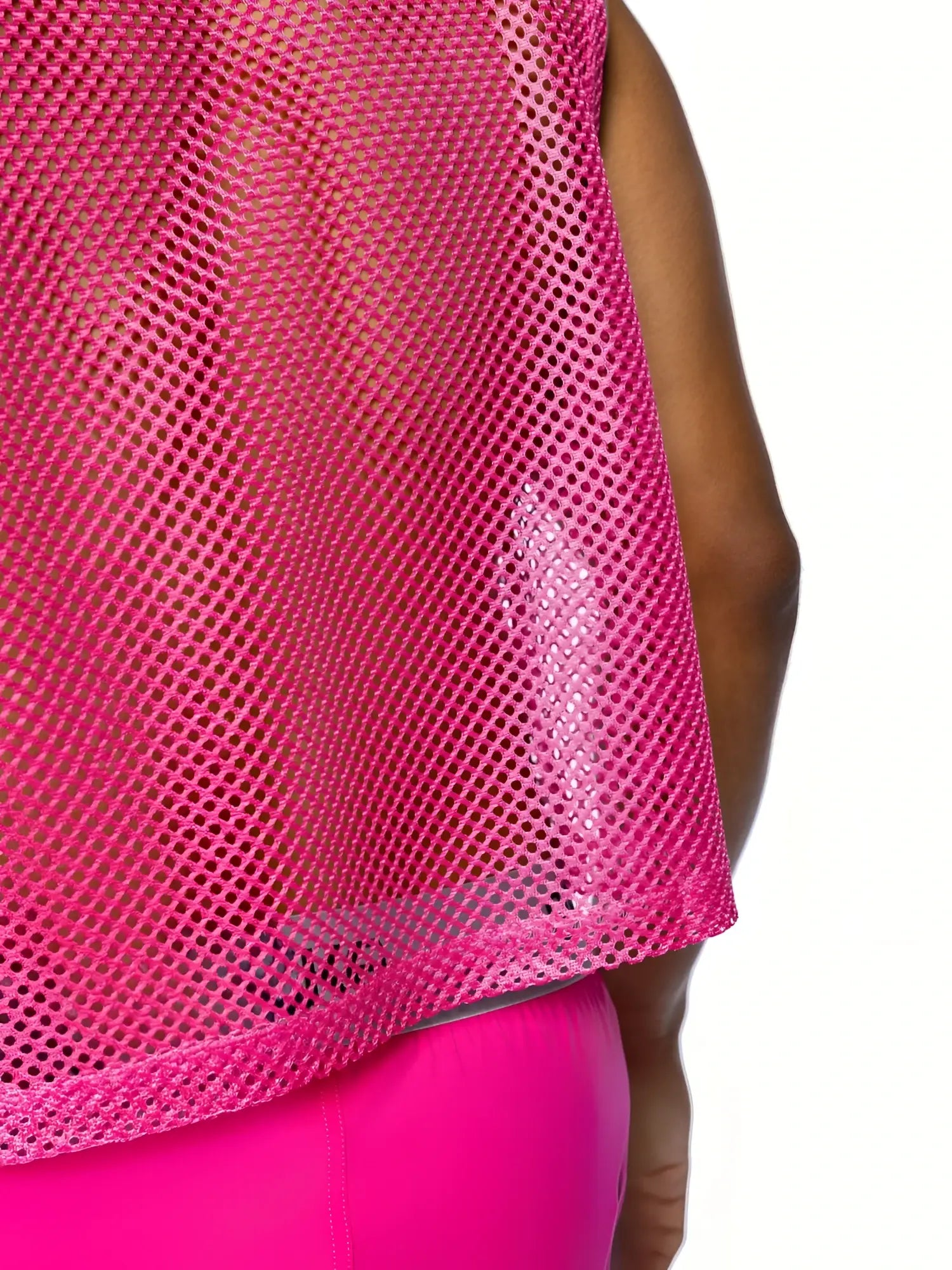 Bike sleeveless practice jersey in vibrant pink mesh with breathable sheer fabric and slightly flared hem
