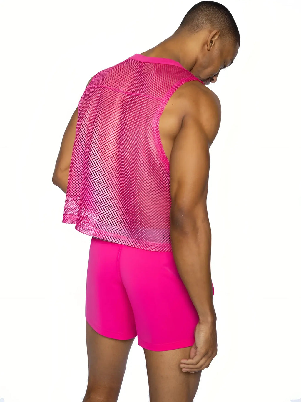 A vibrant pink mesh Bike sleeveless practice jersey with fitted design and slightly flared hem