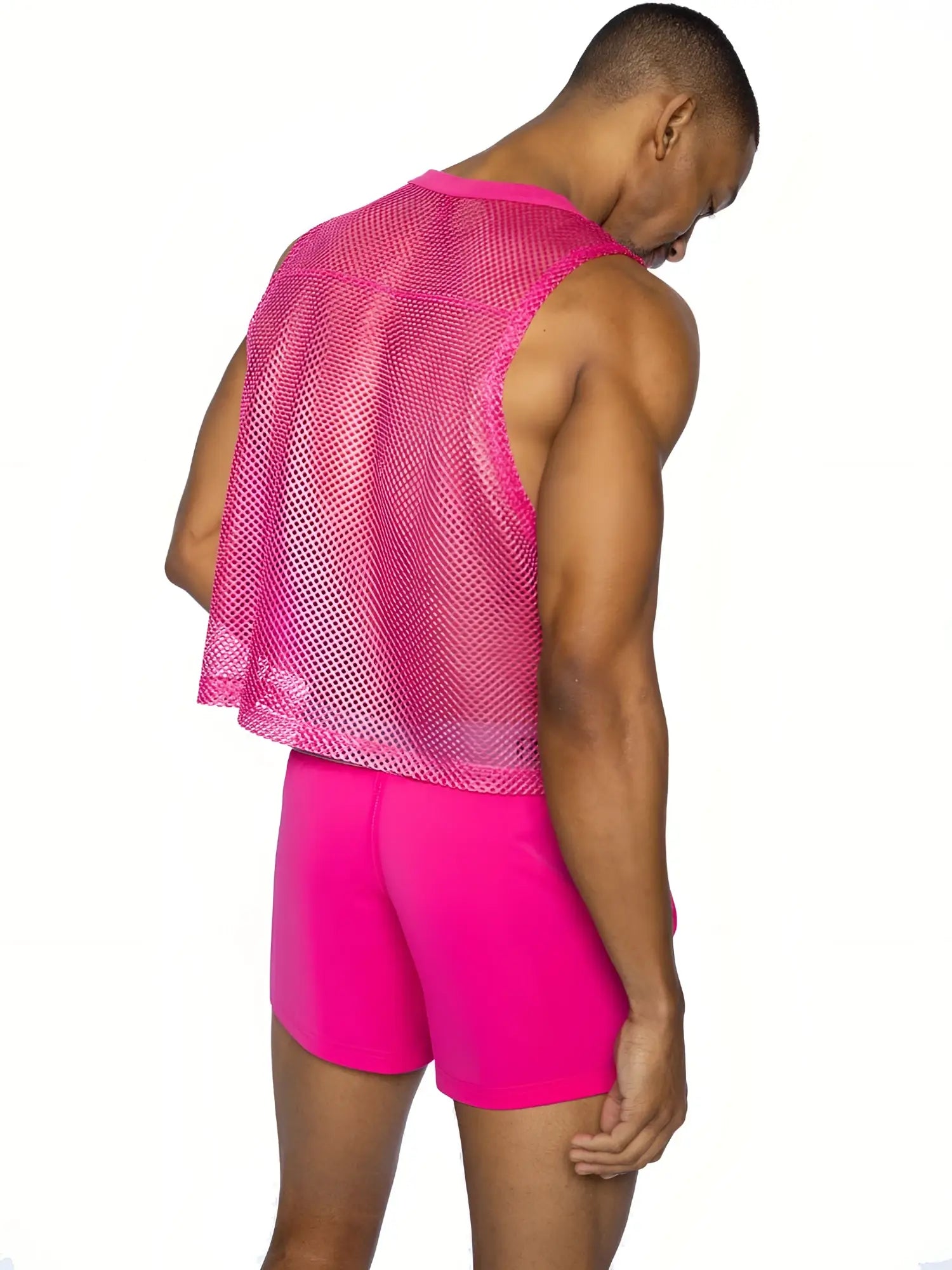 A vibrant pink mesh Bike sleeveless practice jersey with fitted design and slightly flared hem