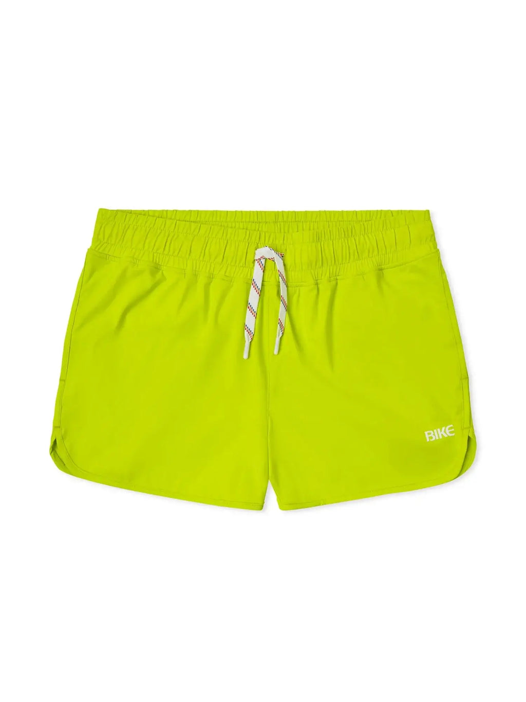 Bright neon green Bike track short with white drawstring and subtle bike branding on the side for athletic use