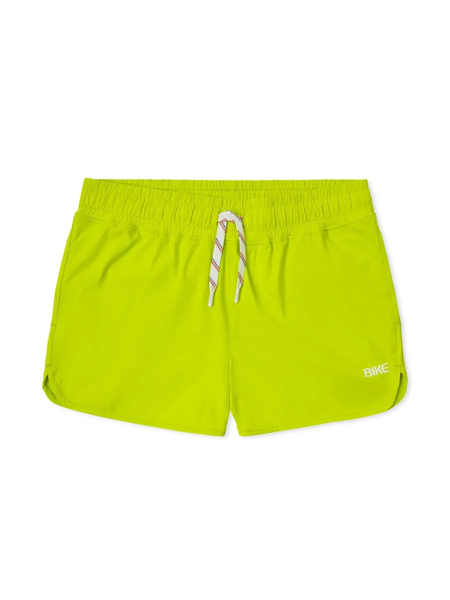 Bright neon green Bike track short with white drawstring and subtle bike branding on the side for athletic use