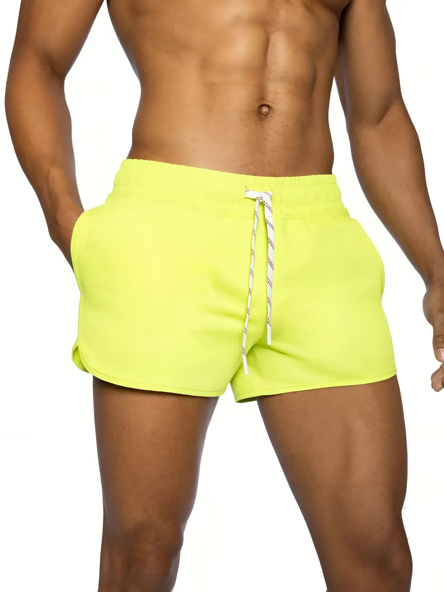 Bright neon yellow Bike track shorts with white drawstring designed for athletic and casual wear