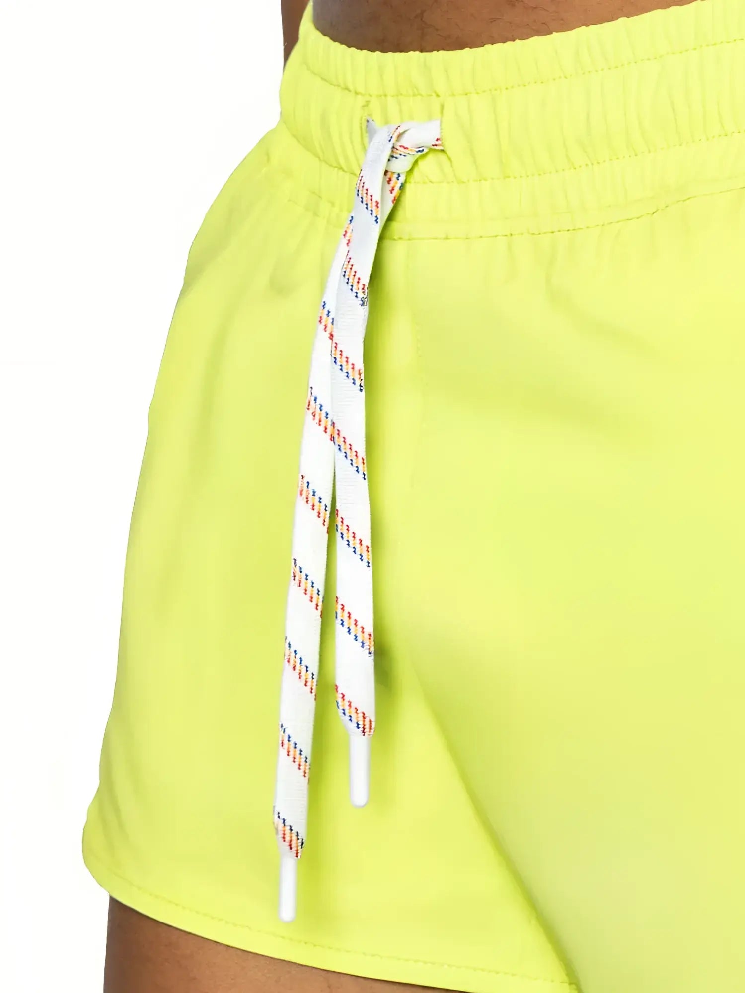 Bike track short bright neon yellow athletic shorts with white drawstring and colorful diagonal stripes for active wear