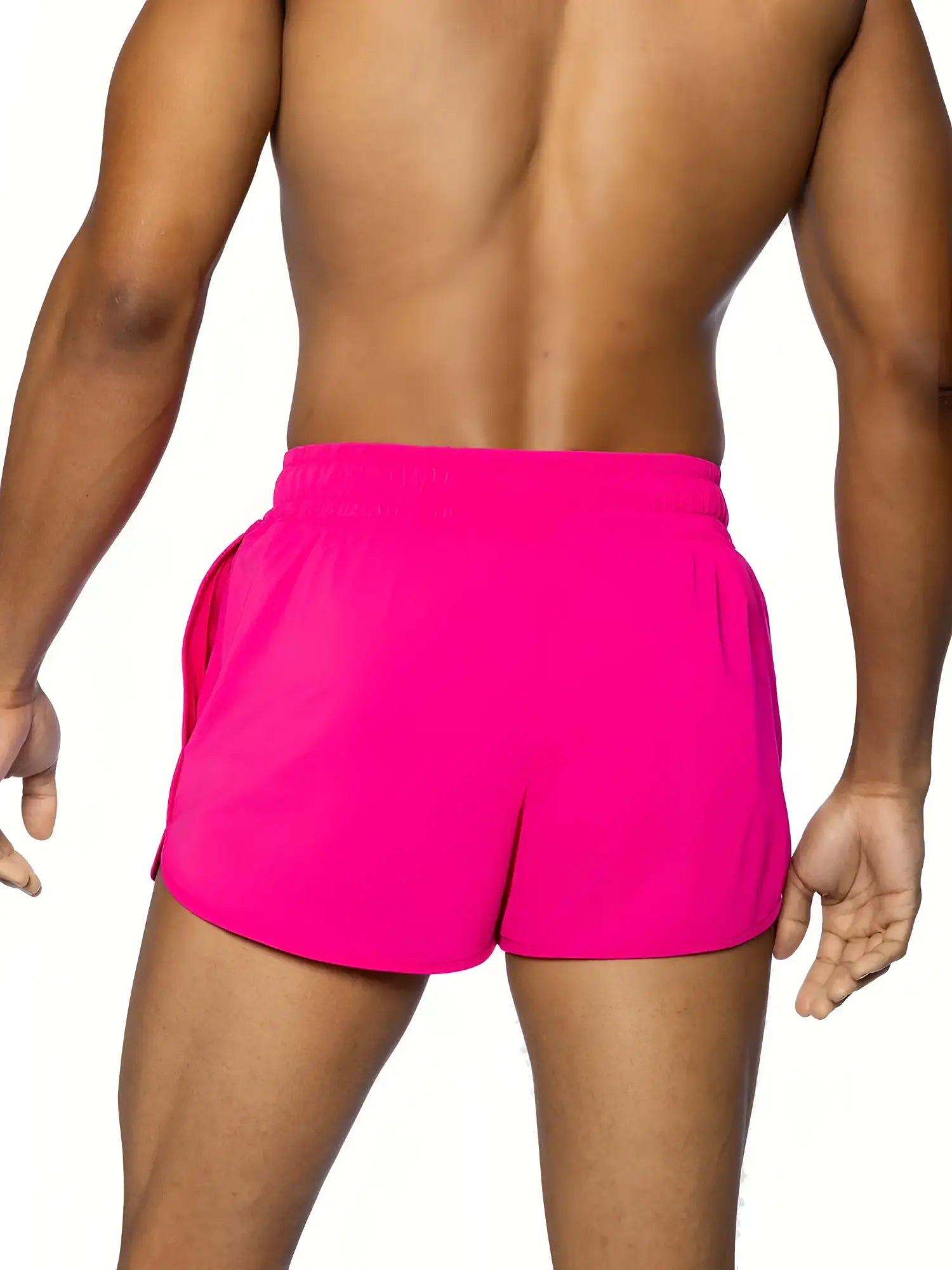 Bright pink bike track short with snug elastic waistband and side pockets designed for athletic use