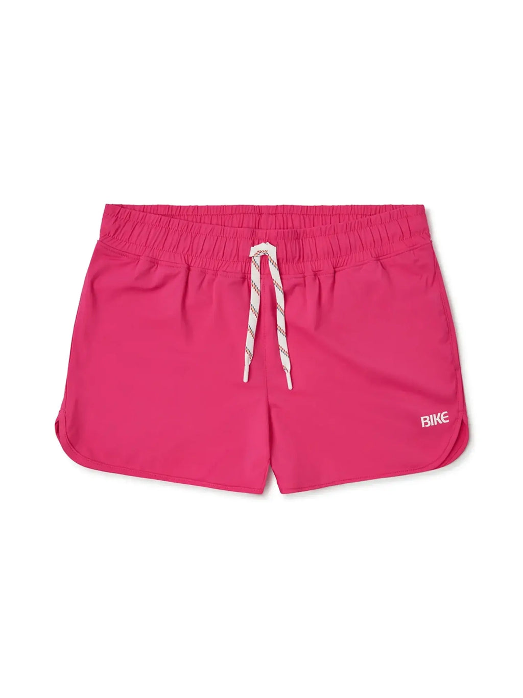 Bright pink bike track short with white drawstring and subtle branding ideal for athletic use