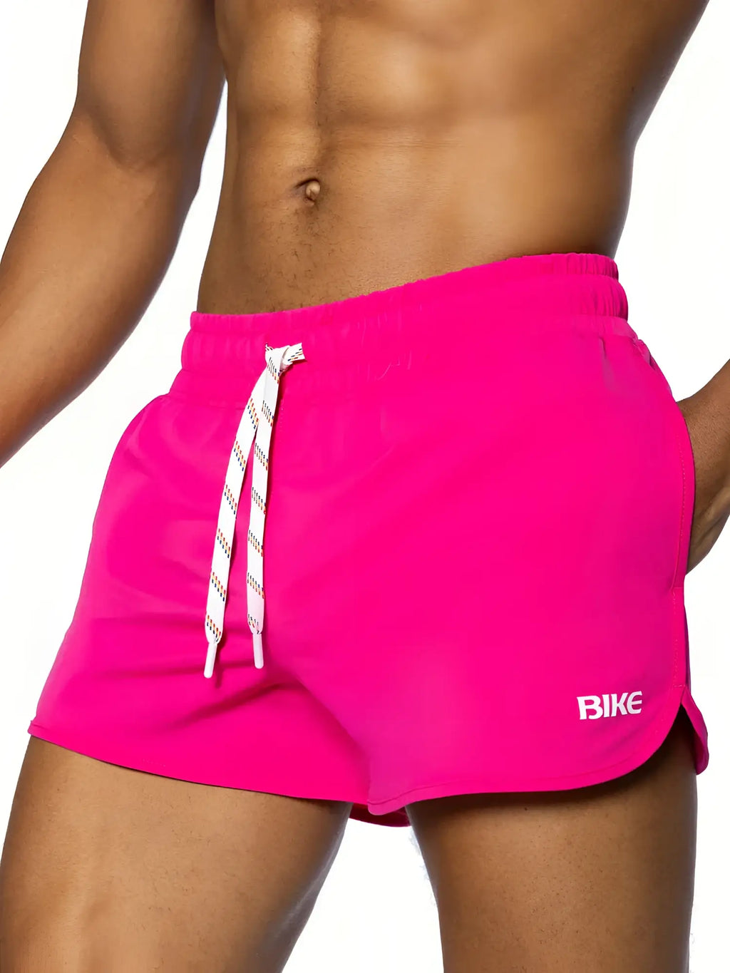 Bright pink Bike track short with white drawstrings and small bike logo on the side in lightweight athletic fabric