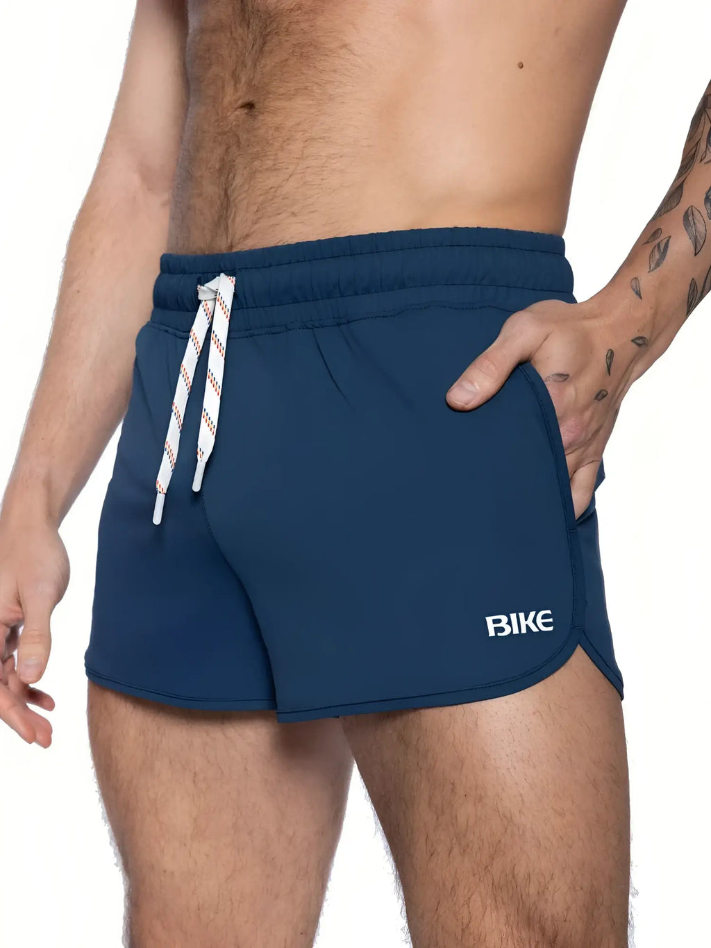 Navy blue Bike track shorts with white drawstring and bike logo on the side ideal for athletic use