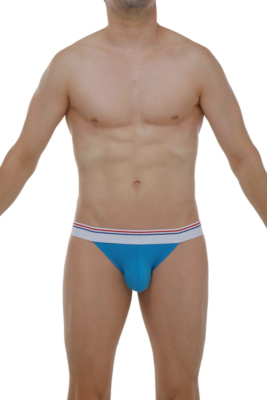Blue bikini aizy modal azur athletic briefs with white waistband and thin red and blue stripes