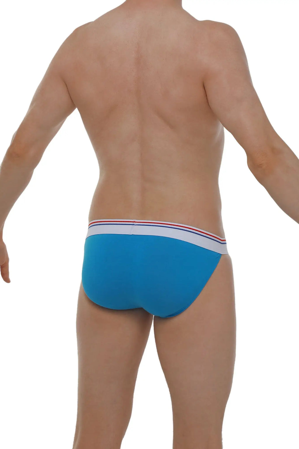 Bright blue bikini aizy modal azur briefs with white waistband and red and navy stripes made from soft modal fabric