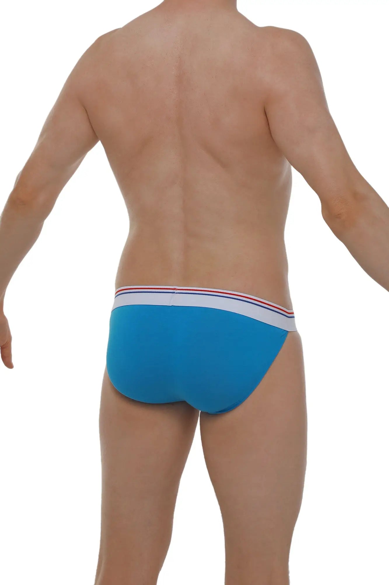 Bright blue bikini aizy modal azur briefs with white waistband and red and navy stripes made from soft modal fabric