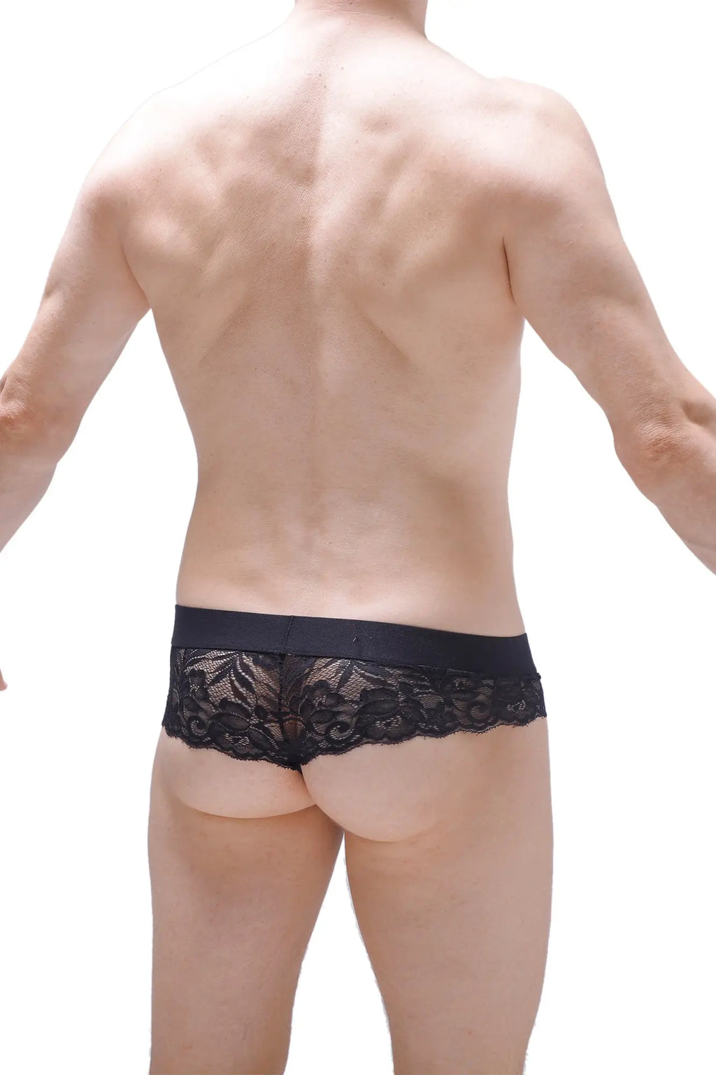 Black lace bikini underwear with a solid waistband in black, featuring delicate lace fabric for a stylish look