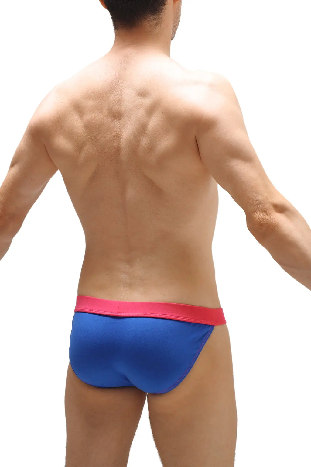 Blue swim trunks with a bright pink waistband designed for comfortable beach and pool wear with built-in padding