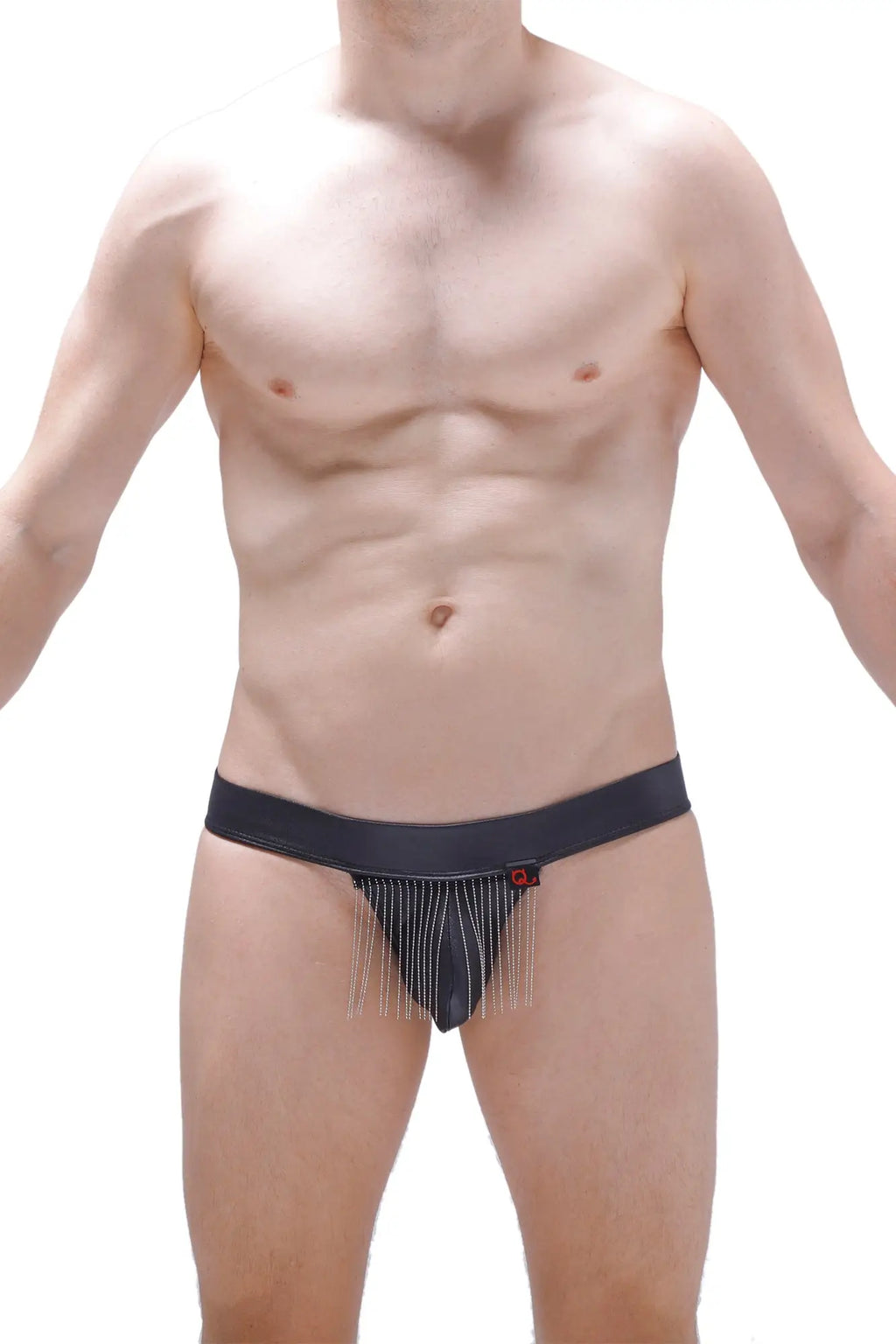 Black denim-style bikini cabaret petitq briefs with fringed front detail and small red logo on waistband