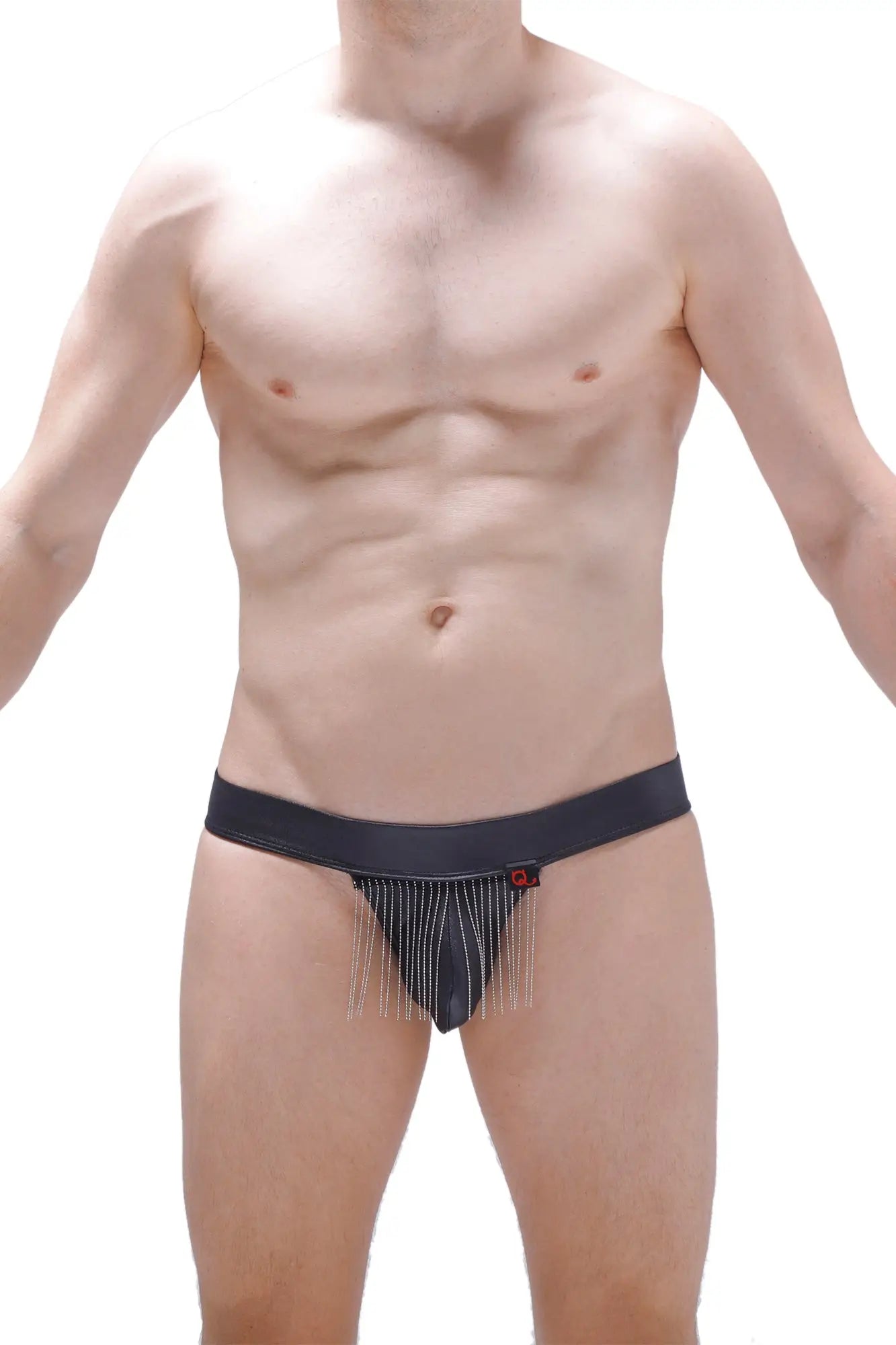 Black denim-style bikini cabaret petitq briefs with fringed front detail and small red logo on waistband