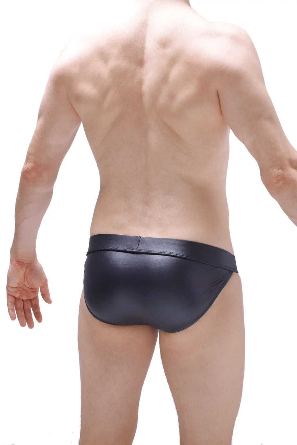 Black shiny faux leather bikini cabaret petitq briefs showing the back side with sleek fitted design