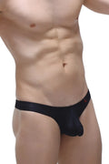 Black men’s bikini capri voile briefs with subtle sheen and small red logo on the waistband