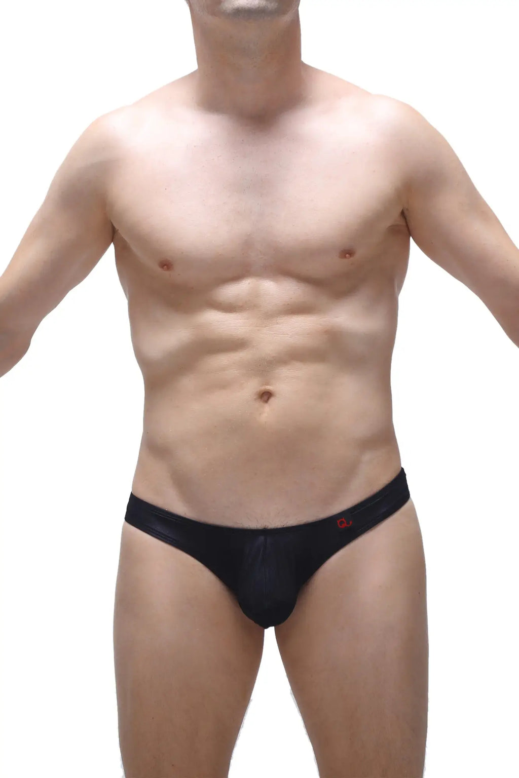 Black men’s briefs bikini capri voile black with subtle sheen and small red logo on waistband front view