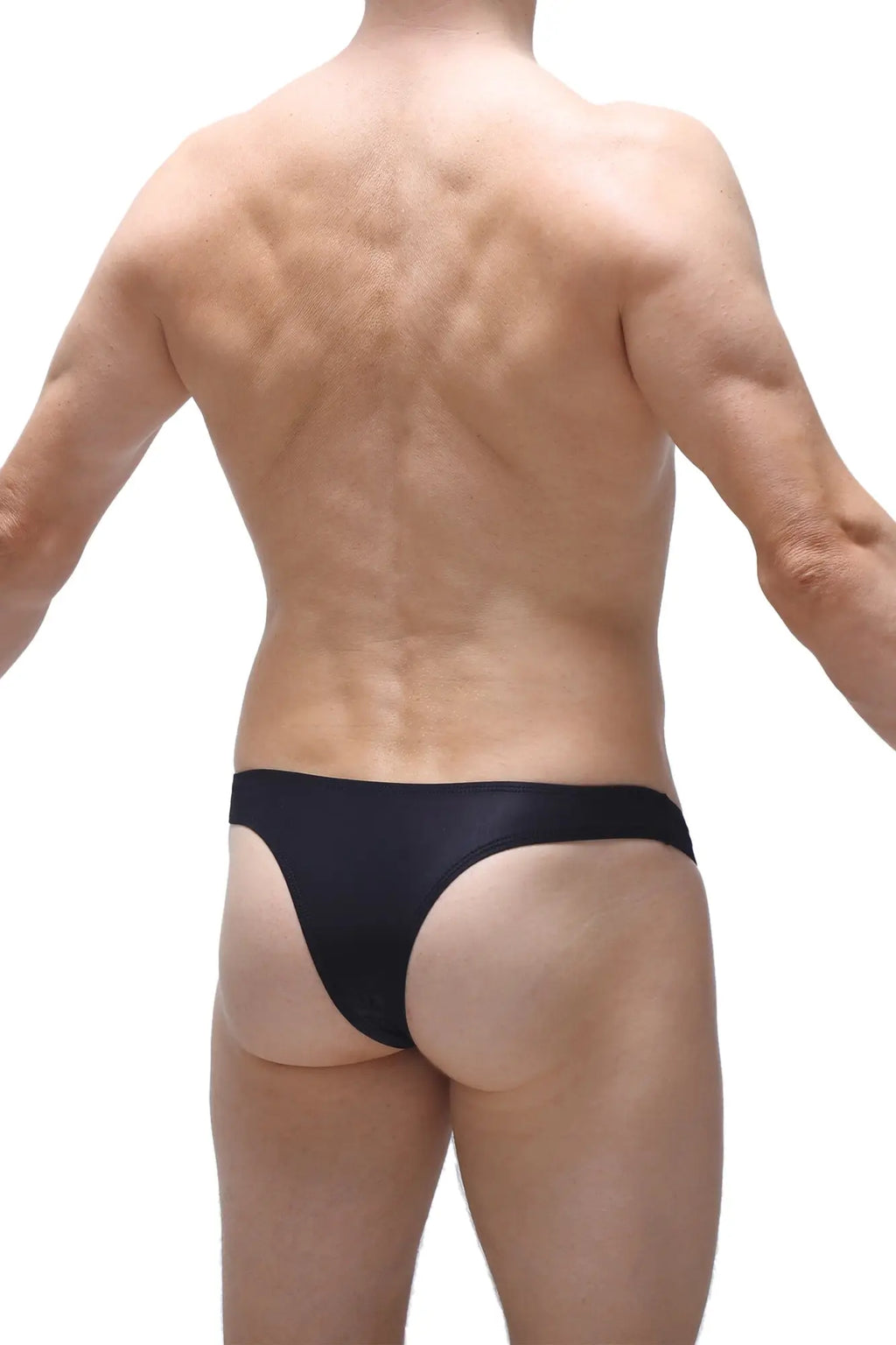 Black sleek form-fitting bikini capri voile briefs with smooth satin-like finish showing front side