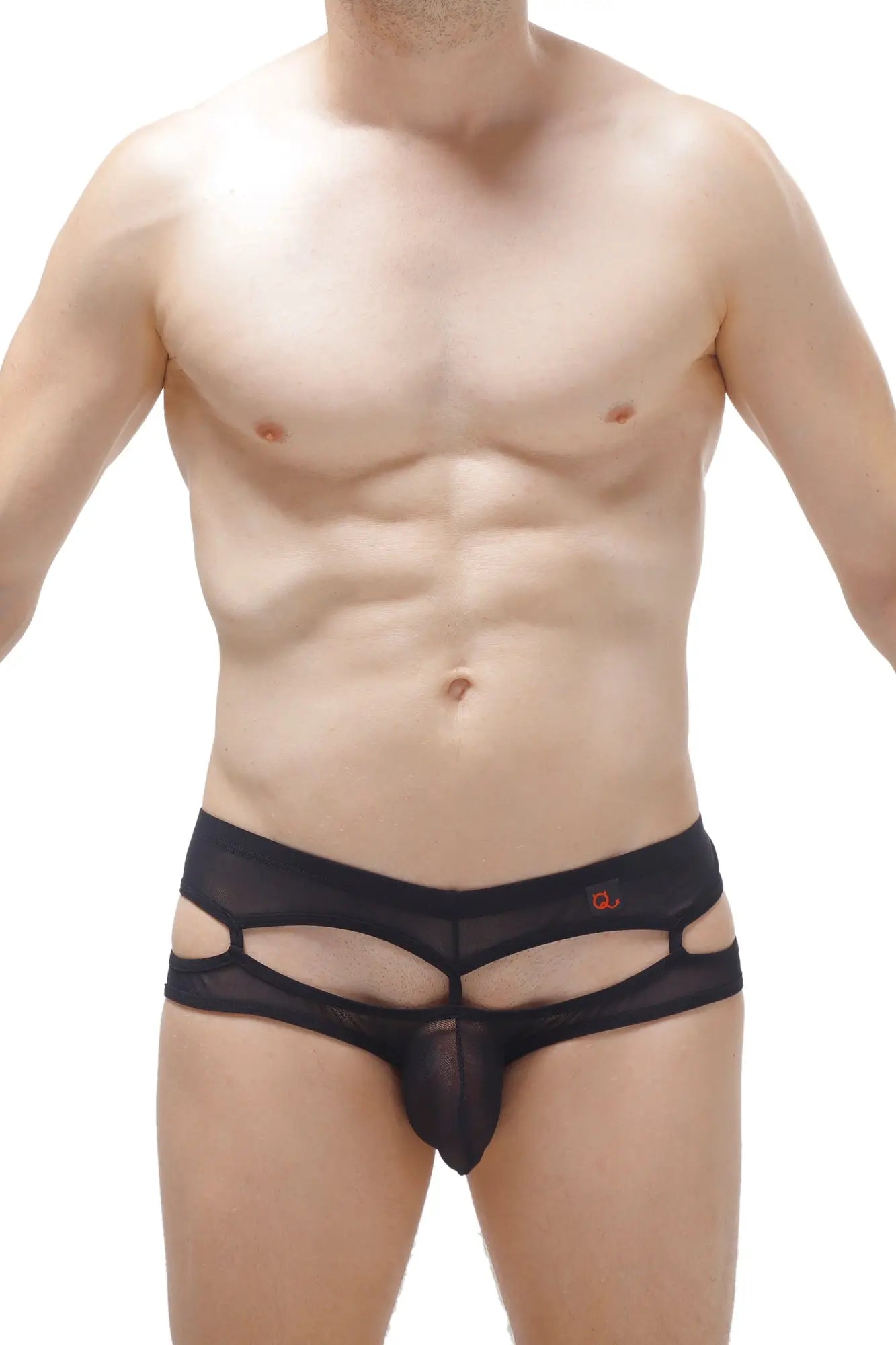 Bikini carlat net black mesh briefs with distinctive cutout design and orange logo on the waistband