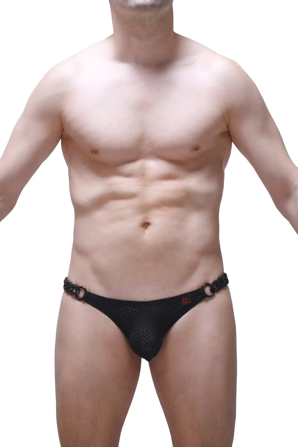 Black mesh bikini briefs with chain detailing at the waistband from bikini chains bee black collection